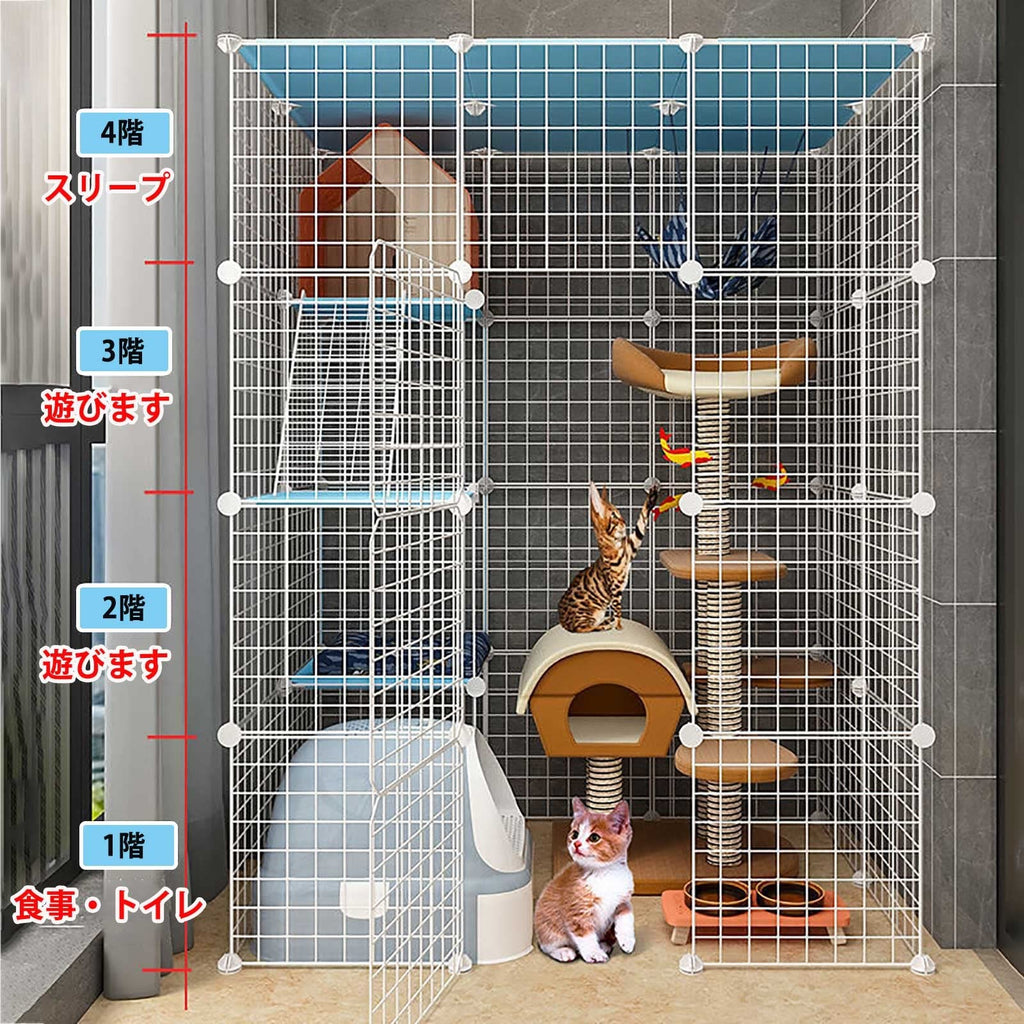 Large Cat Cage Indoor Cat Playpen Detachable Metal Cat Kennels with Ramp Ladders Hammock and Bed Black K201