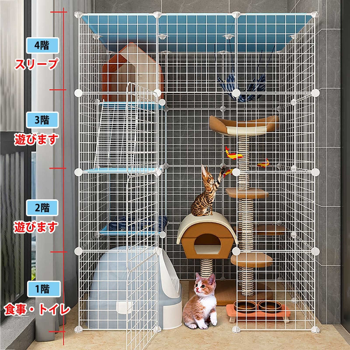 Large Cat Cage Indoor Cat Playpen Detachable Metal Cat Kennels with Ramp Ladders Hammock and Bed Black K201
