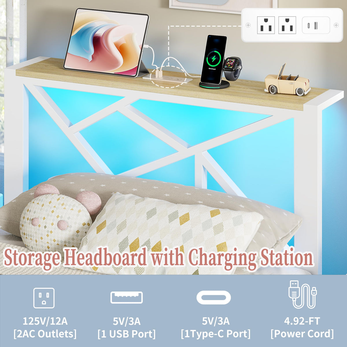 White Twin Metal Bed Frame with USB Charging Station N63376