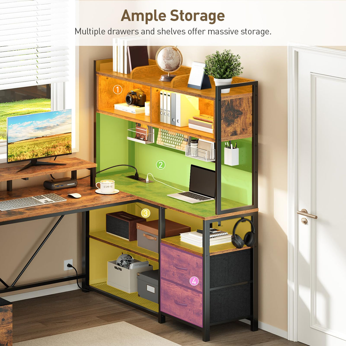 L Shaped Gaming Desk with Storage Drawers & Shelves B75500
