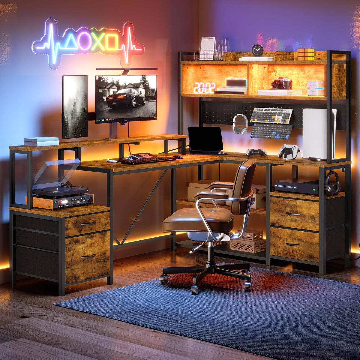 L Shaped Gaming Desk with Storage Drawers & Shelves B75500