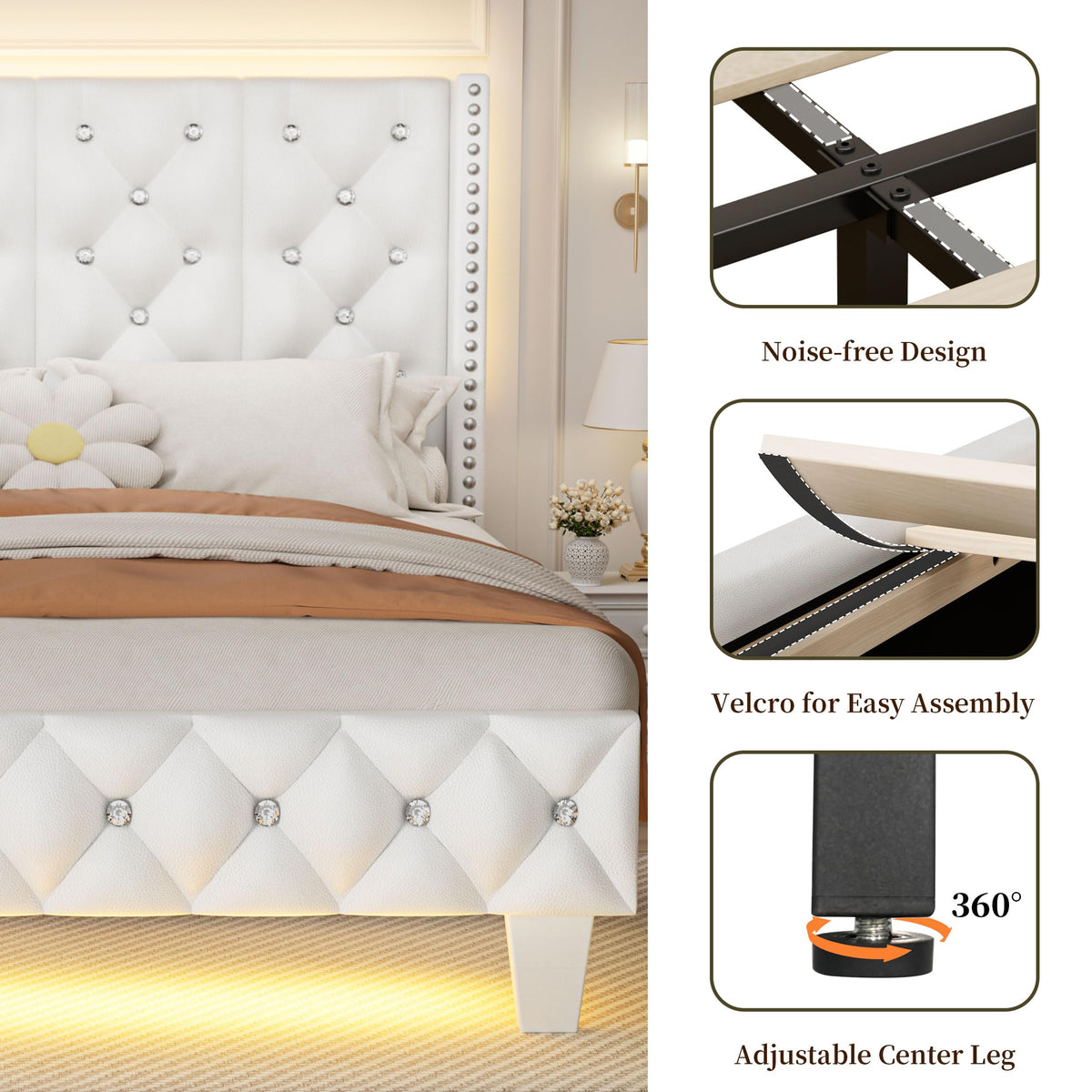 White Upholstered Full Size Bed Frame with Headboard C48353