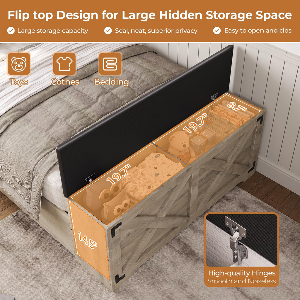Oak Gray Wood Twin Size Bed Frame with Storage Headboard and Charging Station U9298