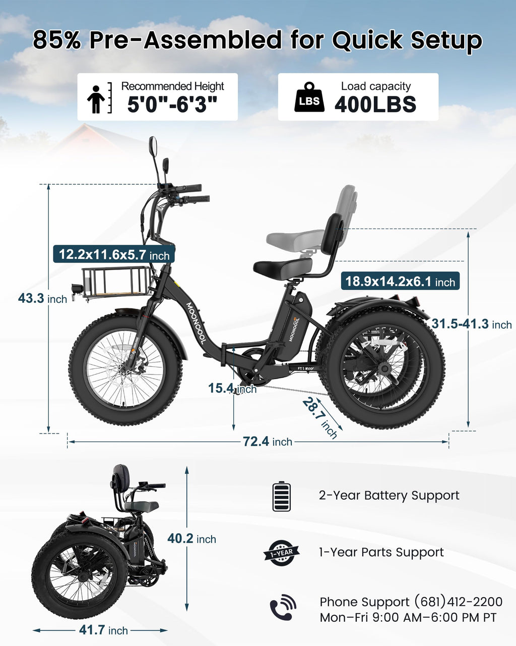 20" Fat Tire 7 Speed Folding Electric Trike V442