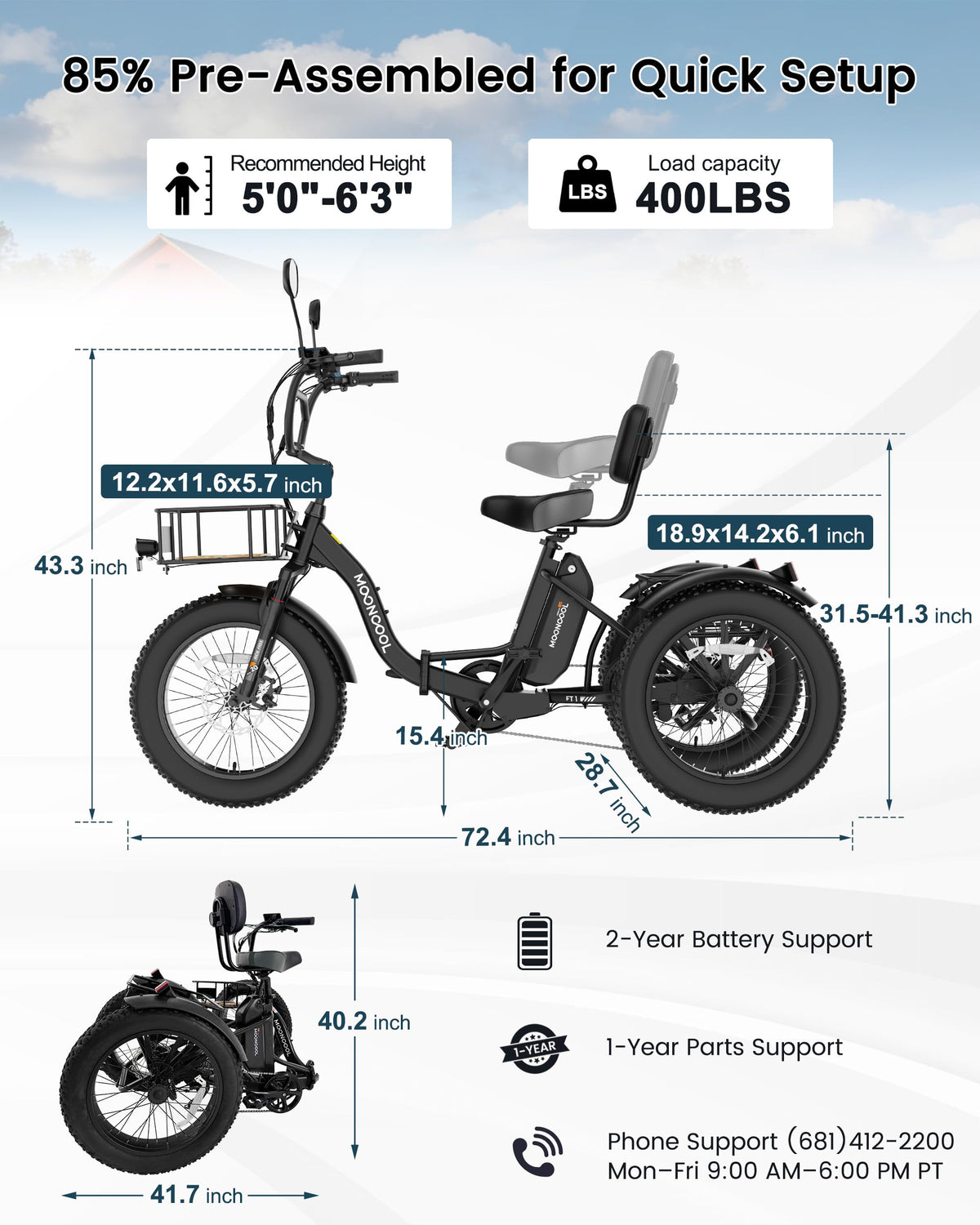 20" Fat Tire 7 Speed Folding Electric Trike V442