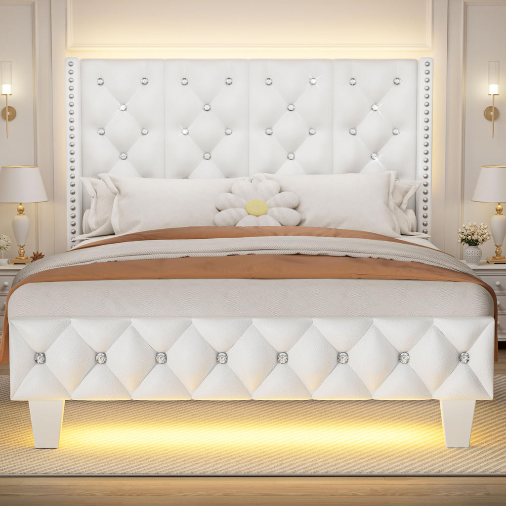 White Upholstered Full Size Bed Frame with Headboard C48353