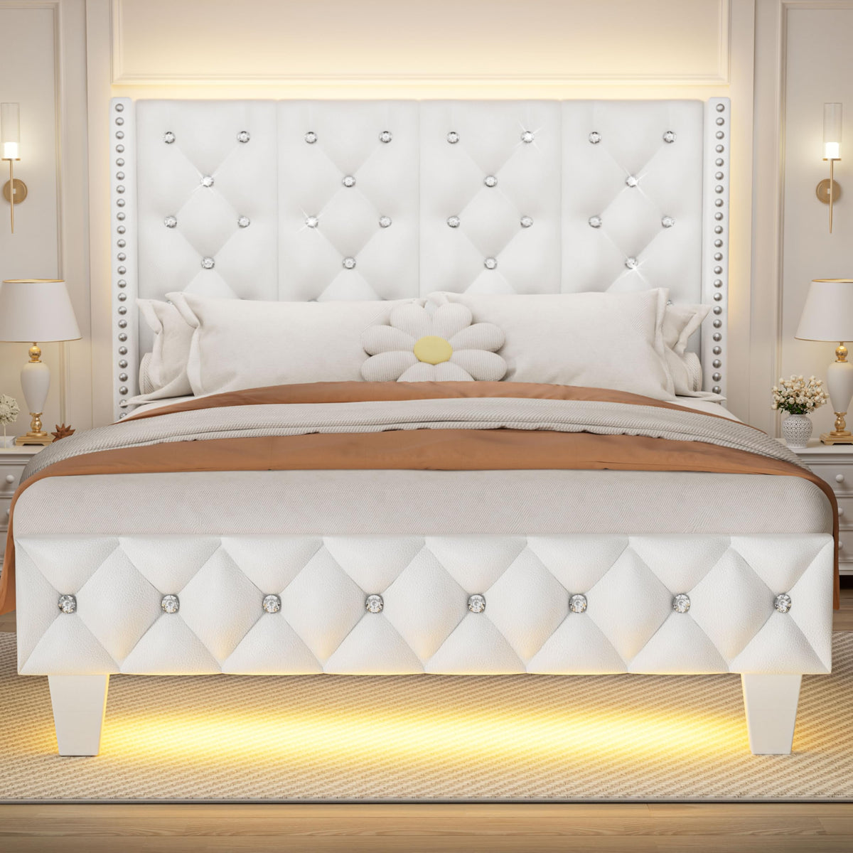 White Upholstered Full Size Bed Frame with Headboard C48353