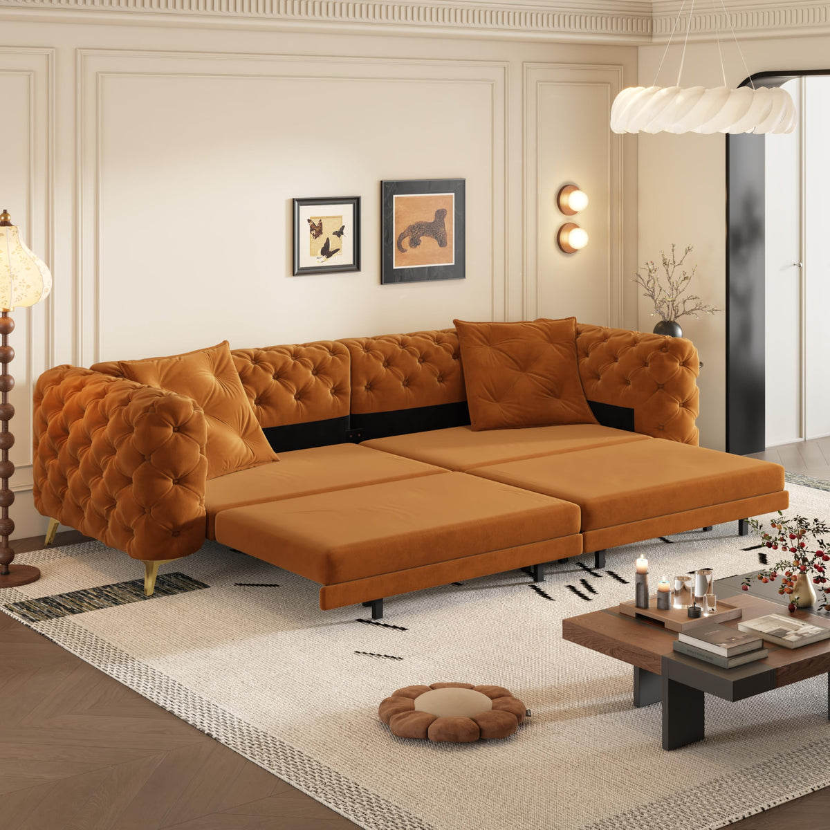 97.7" 3-in-1 Convertible Sleeper Sofa, Tufted Velvet Pull-Out Sofa Bed with Ottoman W580