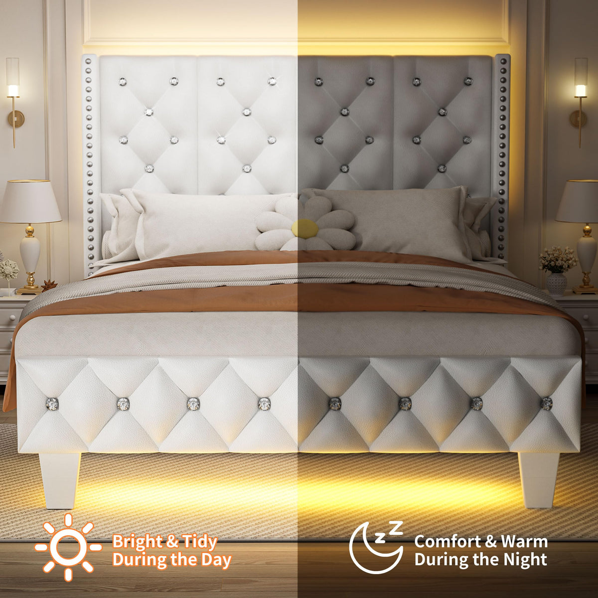 White Upholstered Full Size Bed Frame with Headboard C48353