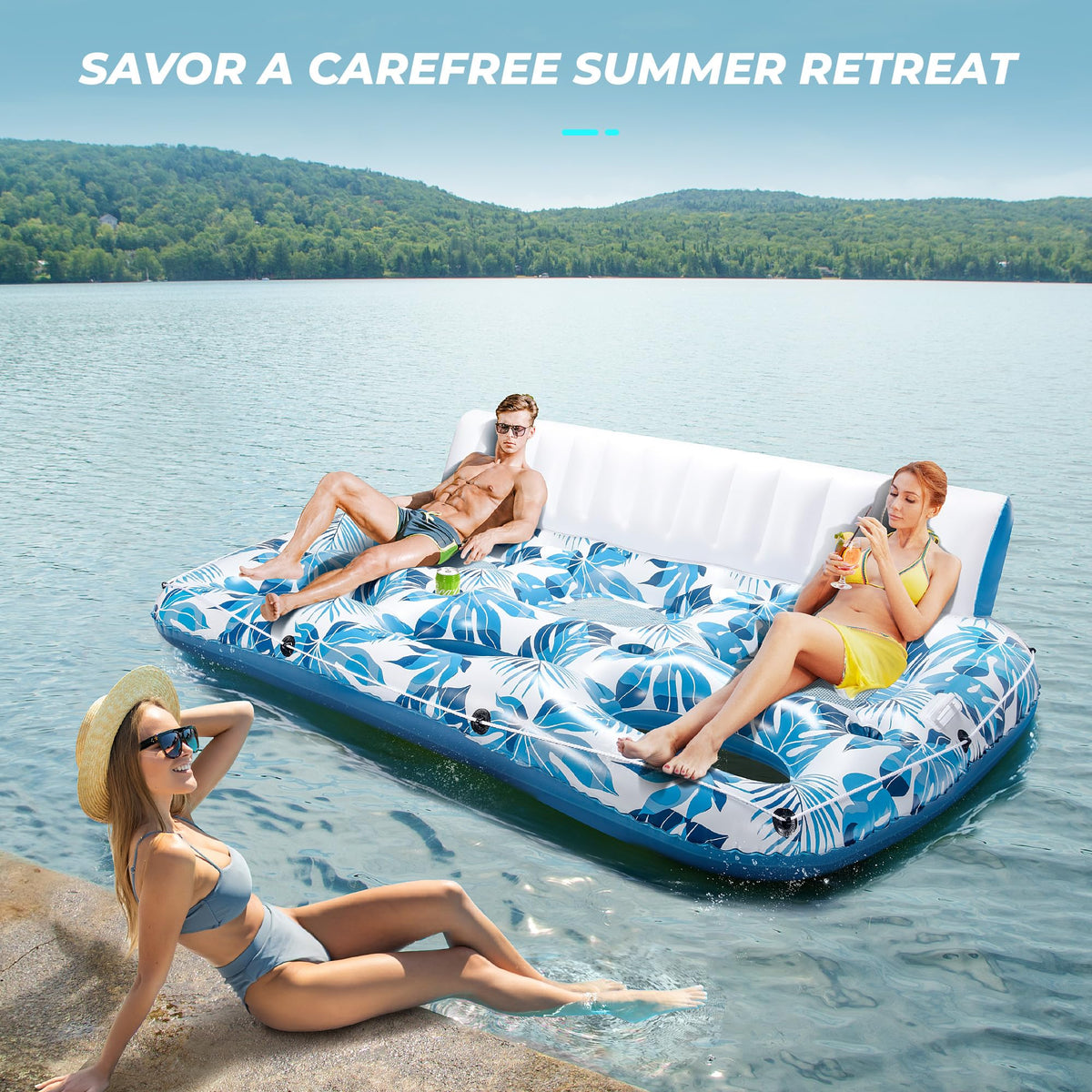 Inflatable Pool Float Lounger with Backrest, Footrest, Cup Holder Y7290