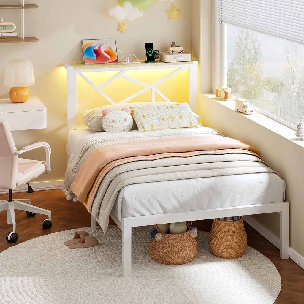 White Twin Metal Bed Frame with USB Charging Station N63376