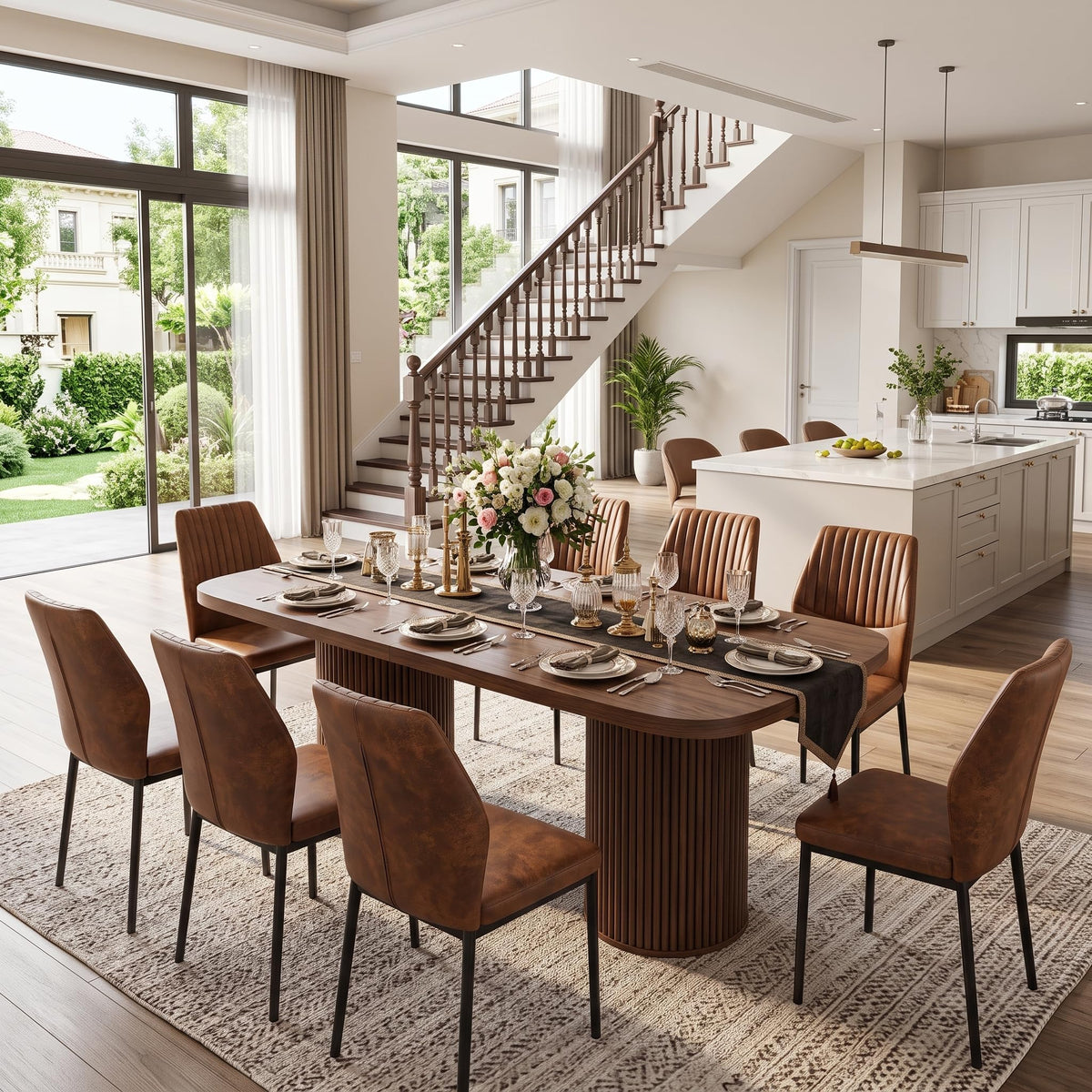 79" Rectangular Wood Dining Table Set for 8 with Cushioned Chairs S257820