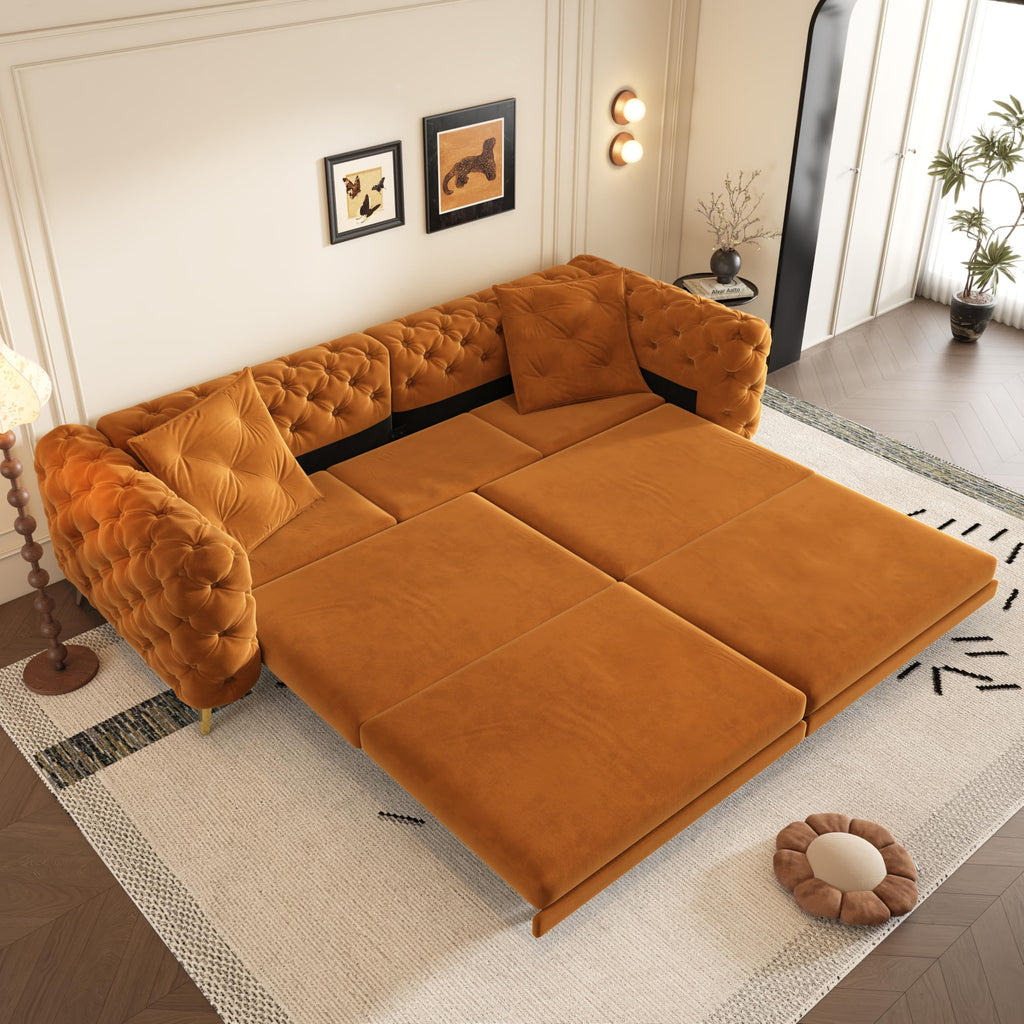 97.7" 3-in-1 Convertible Sleeper Sofa, Tufted Velvet Pull-Out Sofa Bed with Ottoman W580