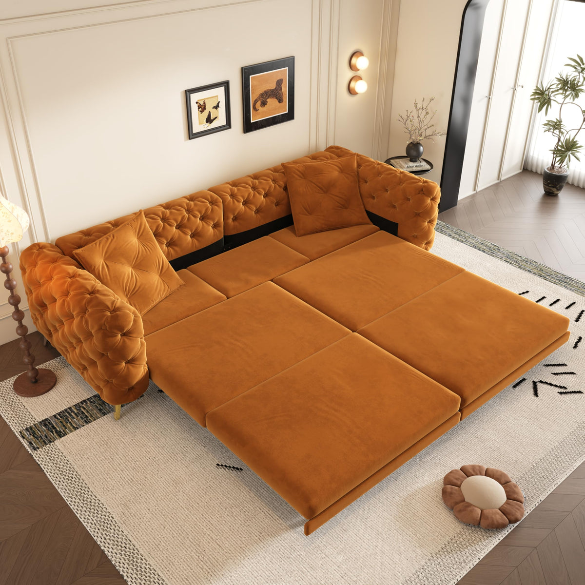 97.7" 3-in-1 Convertible Sleeper Sofa, Tufted Velvet Pull-Out Sofa Bed with Ottoman W580