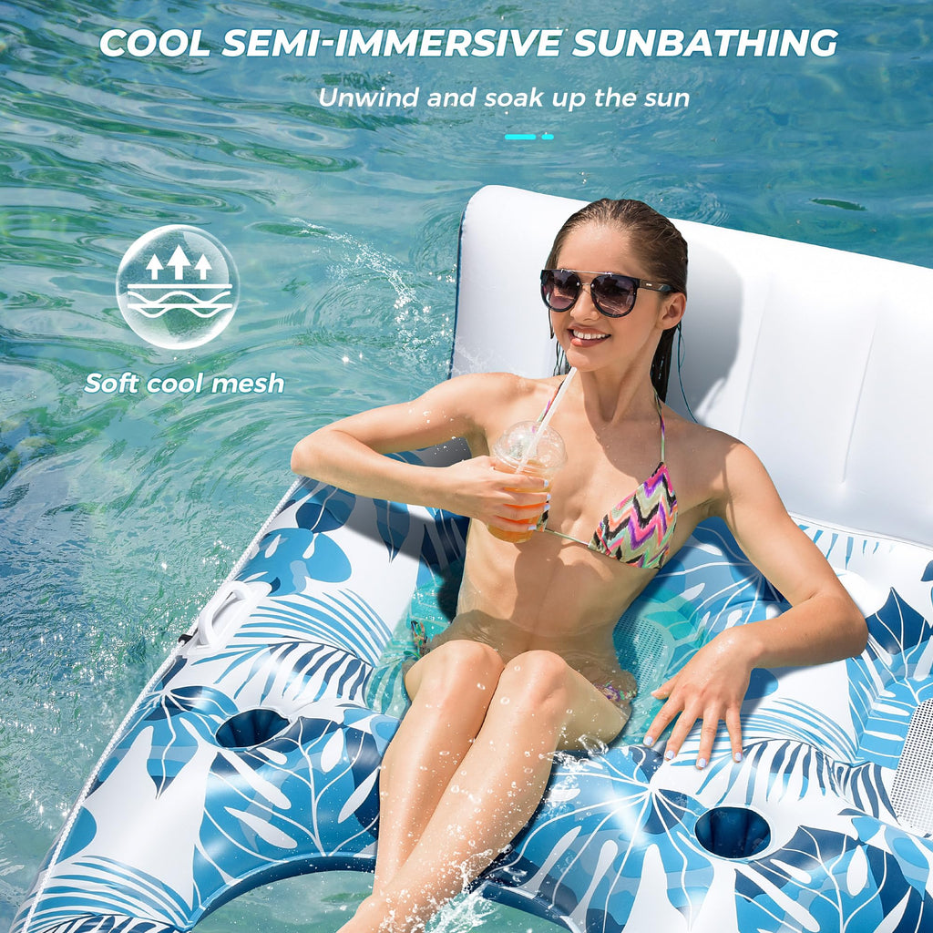 Inflatable Pool Float Lounger with Backrest, Footrest, Cup Holder Y7290