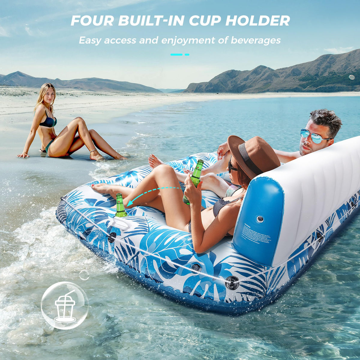 Inflatable Pool Float Lounger with Backrest, Footrest, Cup Holder Y7290