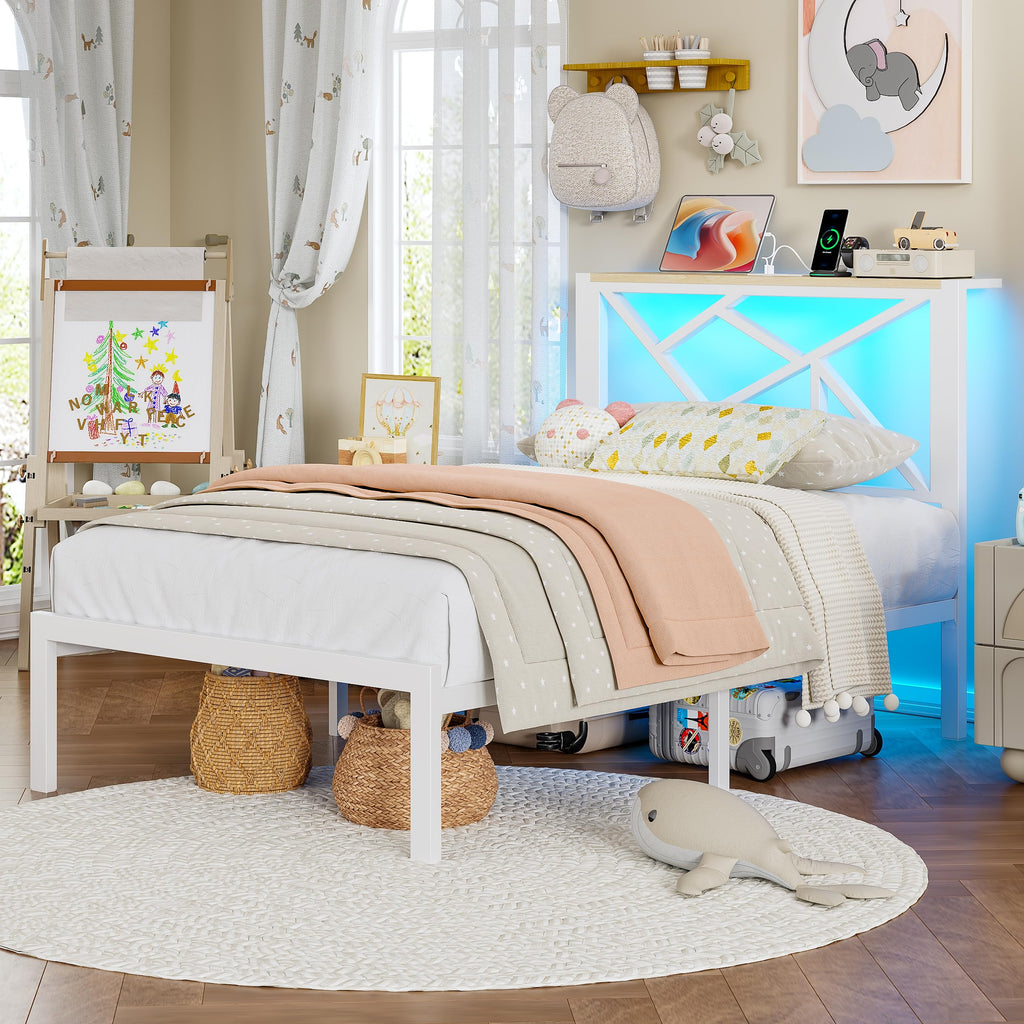 White Twin Metal Bed Frame with USB Charging Station N63376