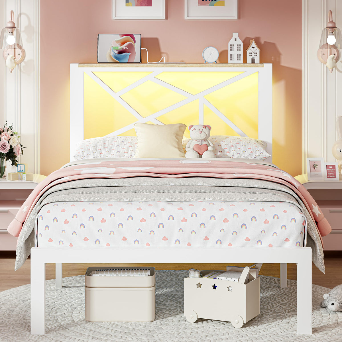 White Twin Metal Bed Frame with USB Charging Station N63376