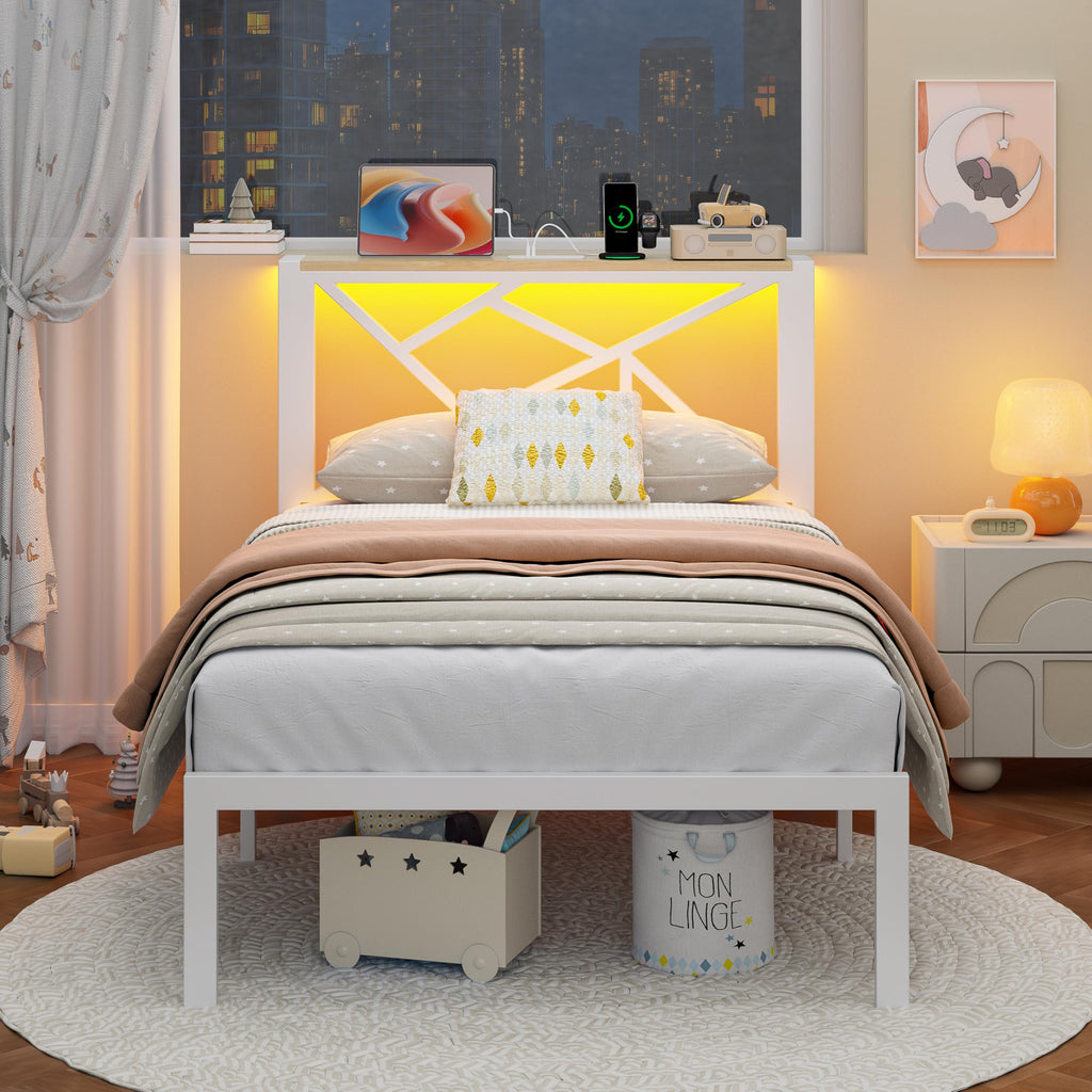 White Twin Metal Bed Frame with USB Charging Station N63376