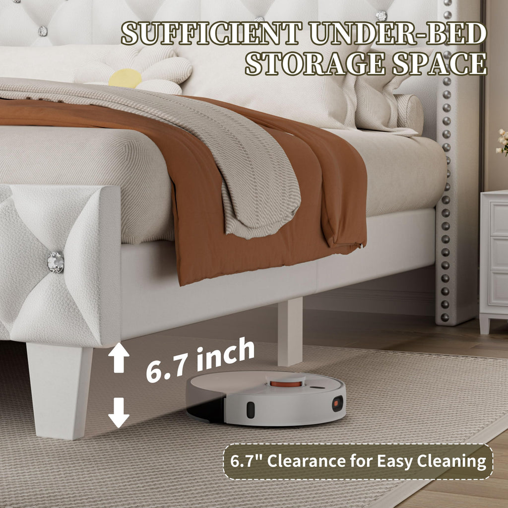 White Upholstered Full Size Bed Frame with Headboard C48353