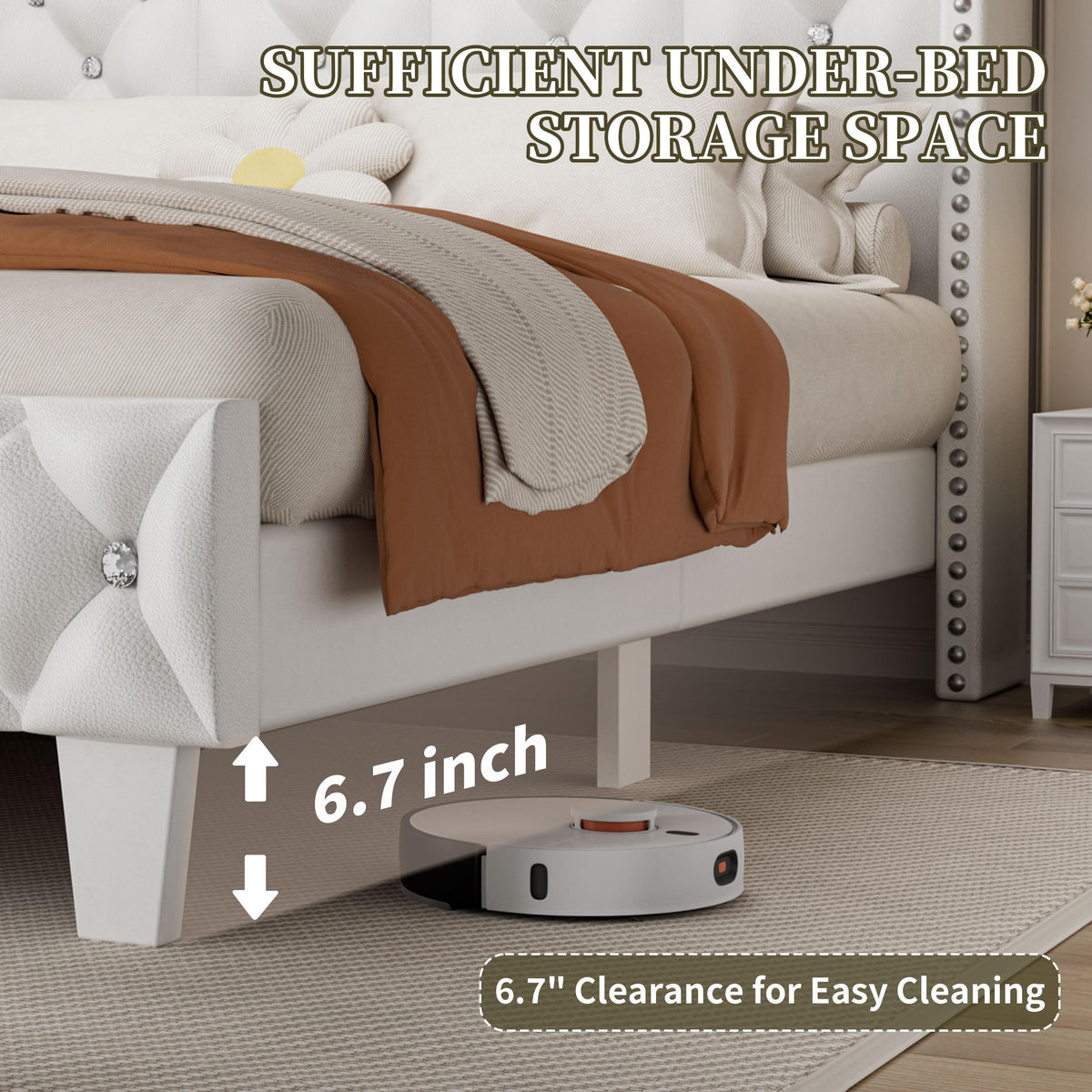 White Upholstered Full Size Bed Frame with Headboard C48353