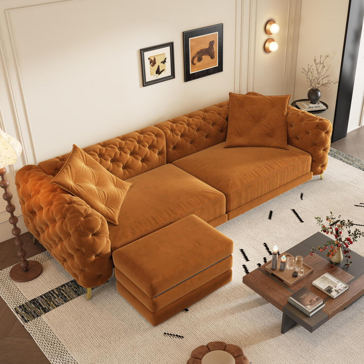 97.7" 3-in-1 Convertible Sleeper Sofa, Tufted Velvet Pull-Out Sofa Bed with Ottoman W580